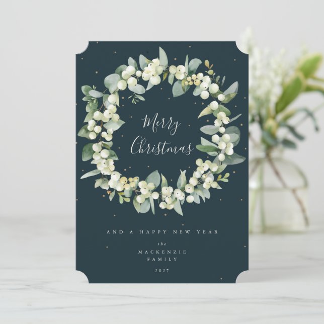 Snowberry + Eucalyptus Christmas Wreath Non-Photo  Holiday Card (Standing Front)