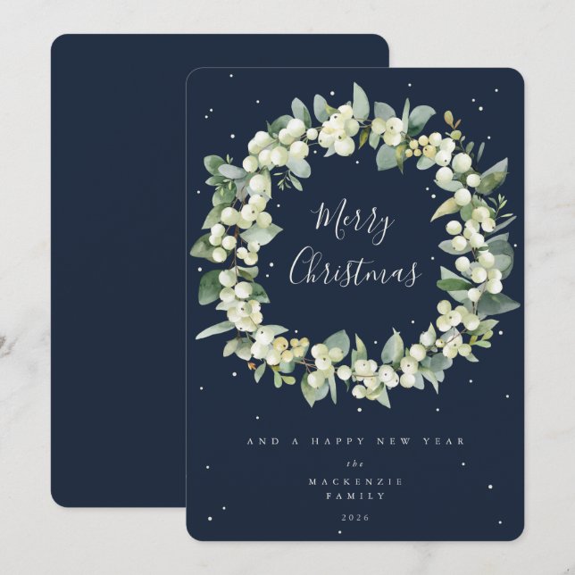 Snowberry + Eucalyptus Christmas Wreath Non-Photo Holiday Card (Front/Back)