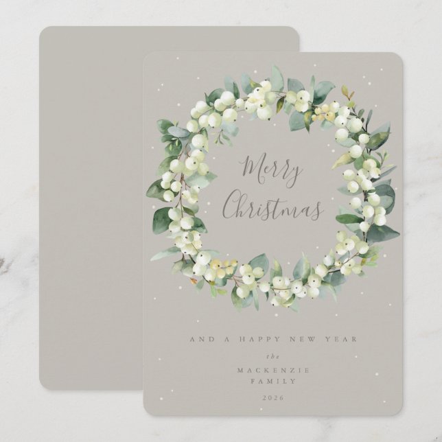 Snowberry + Eucalyptus Christmas Wreath Non-Photo Holiday Card (Front/Back)