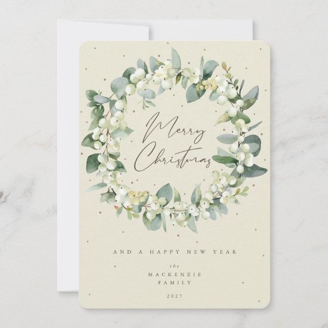 Snowberry + Eucalyptus Christmas Wreath Non-Photo Holiday Card (Front)