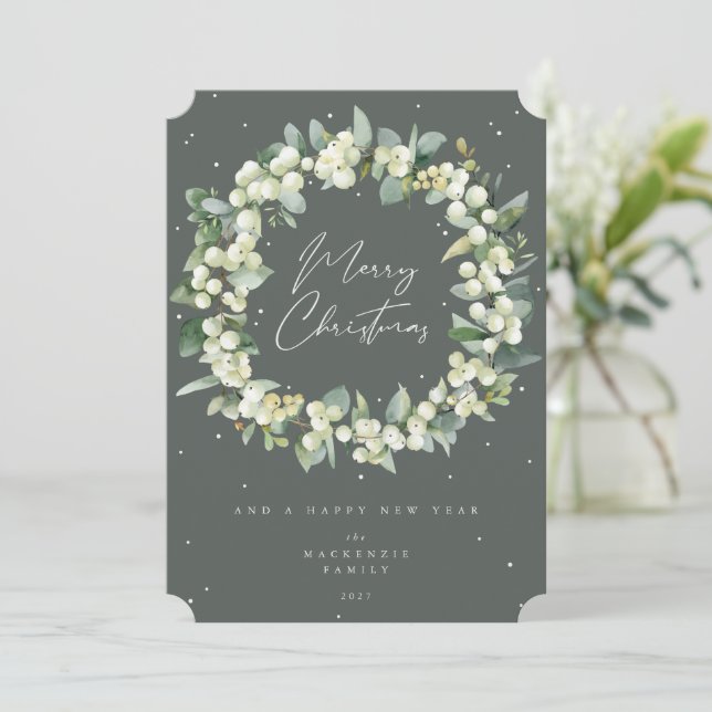 Snowberry + Eucalyptus Christmas Wreath Non-Photo Holiday Card (Standing Front)