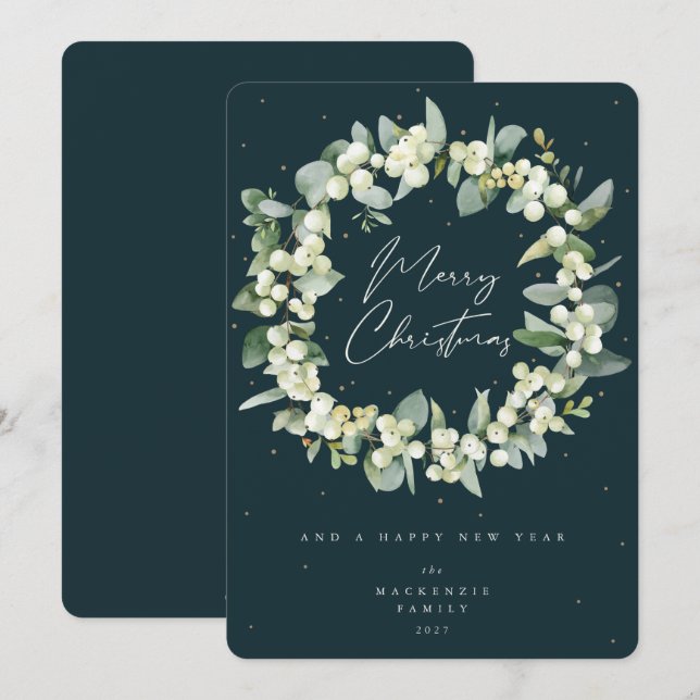 Snowberry + Eucalyptus Christmas Wreath Non-Photo Holiday Card (Front/Back)