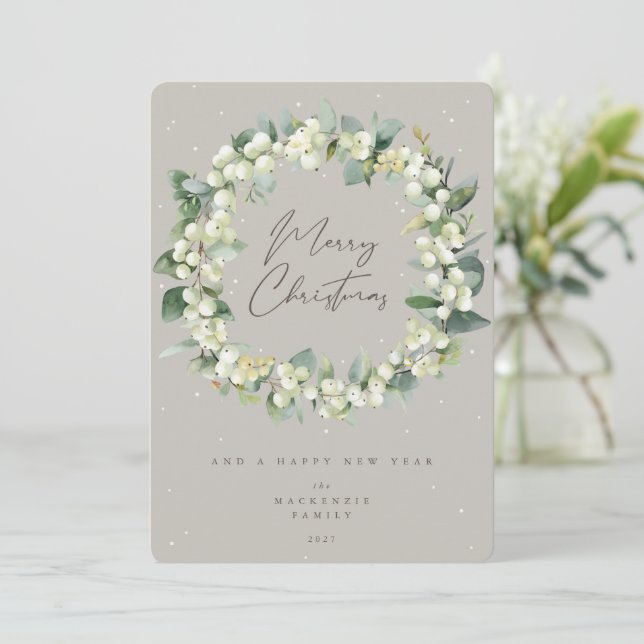 Snowberry + Eucalyptus Christmas Wreath Non-Photo Holiday Card (Standing Front)