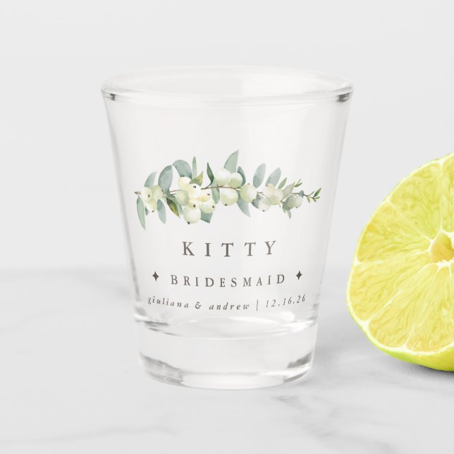Snowberry & Eucalyptus Personalised Wedding Party Shot Glass (Front)
