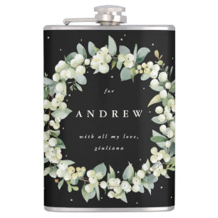 Snowberry & Eucalyptus Wreath Personalised Wedding Hip Flask
