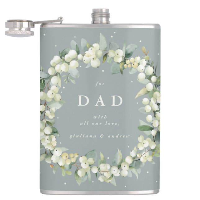 Snowberry & Eucalyptus Wreath Personalised Wedding Hip Flask (Opened)