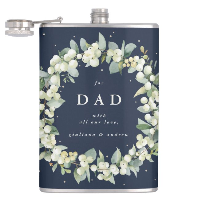 Snowberry & Eucalyptus Wreath Personalised Wedding Hip Flask (Opened)