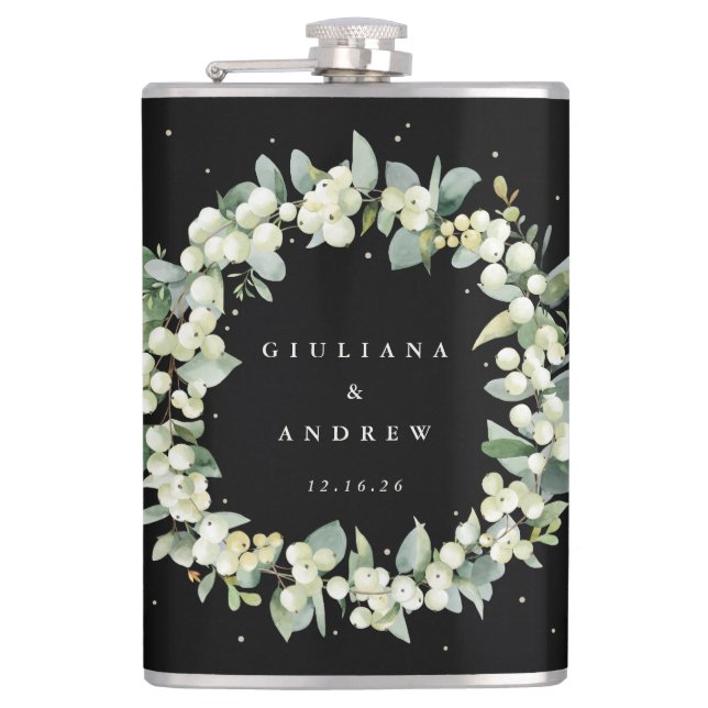 Snowberry & Eucalyptus Wreath Personalised Wedding Hip Flask (Front)