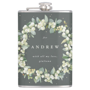 Snowberry & Eucalyptus Wreath Personalised Wedding Hip Flask
