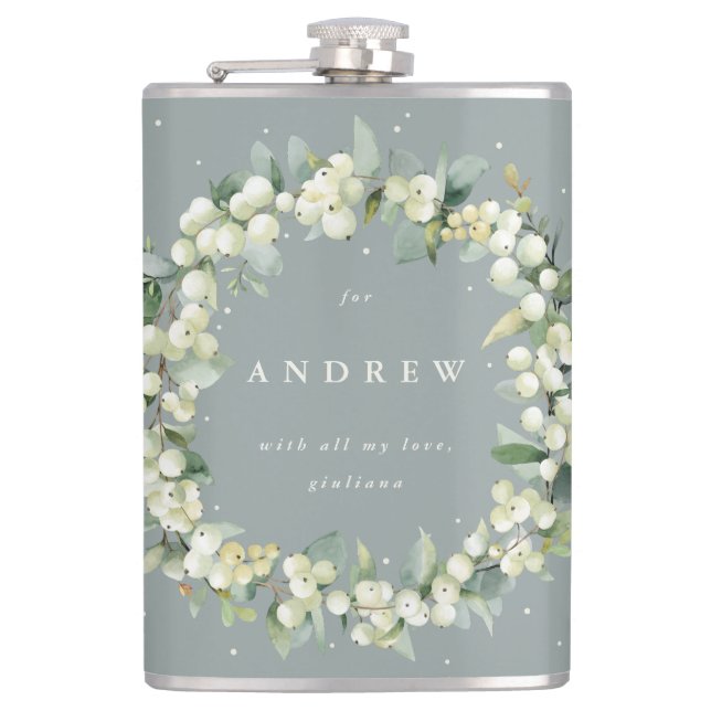 Snowberry & Eucalyptus Wreath Personalised Wedding Hip Flask (Front)