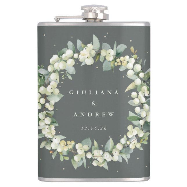 Snowberry & Eucalyptus Wreath Personalised Wedding Hip Flask (Front)