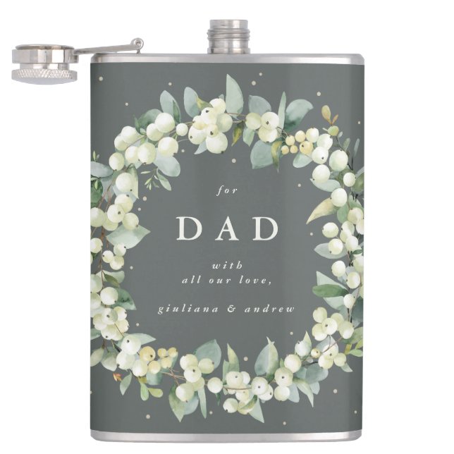 Snowberry & Eucalyptus Wreath Personalised Wedding Hip Flask (Opened)