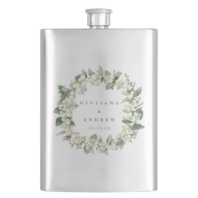 Snowberry & Eucalyptus Wreath Personalised Wedding Hip Flask (Front)