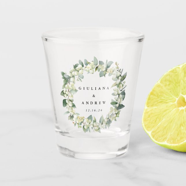 Snowberry & Eucalyptus Wreath Personalised Wedding Shot Glass (Front)