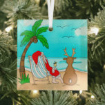 Snowbird Christmas, Santa and Reindeer on Beach   Glass Tree Decoration<br><div class="desc">Wishing you a Merry Christmas from the beach! Funny snowbird holiday ornament with hand drawn Santa Claus and reindeer sitting on the beach drinking a Pina colada.</div>