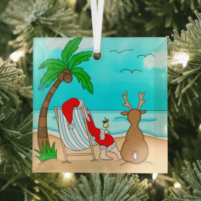 Snowbird Christmas, Santa and Reindeer on Beach   Glass Tree Decoration (Insitu)