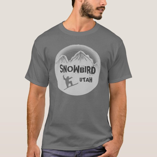 Snowbird Utah grey snowboarder guys tee (Front)