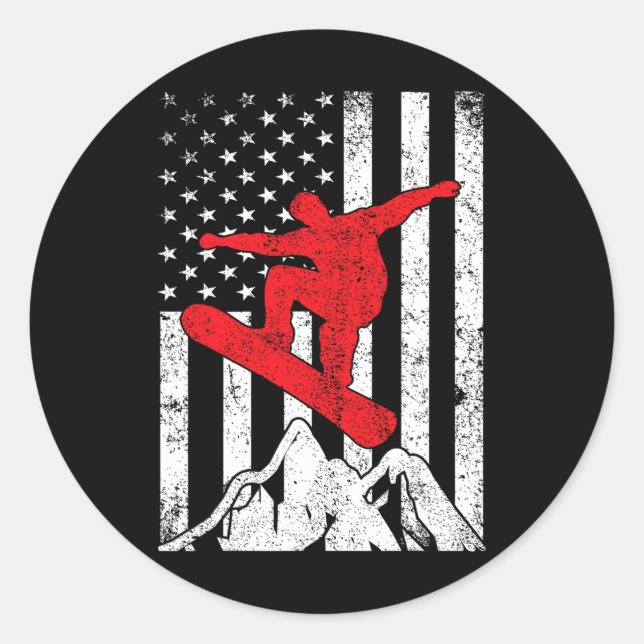 Snowboard American Flag Patriotic Snowboarding Win Classic Round Sticker (Front)