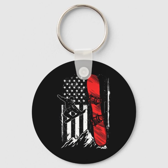 Snowboard American Flag Winter Sports Alpine Snowb Key Ring (Front)
