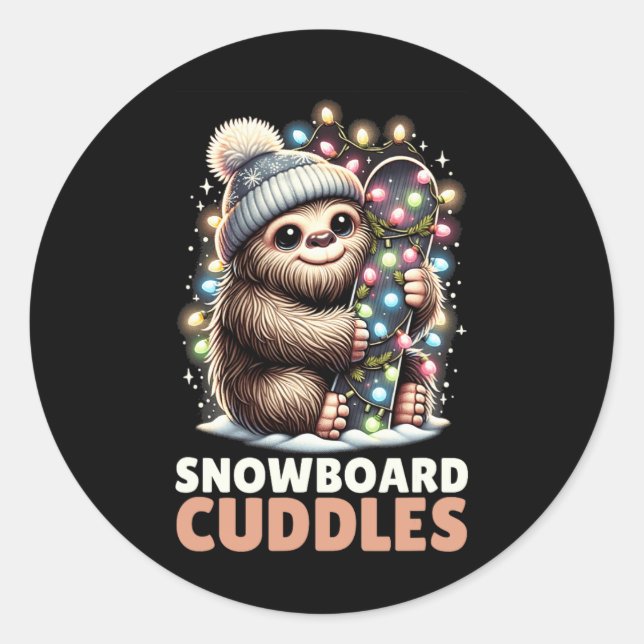 Snowboard Cuddles Christmas Lit Bigfoot Snowboardi Classic Round Sticker (Front)