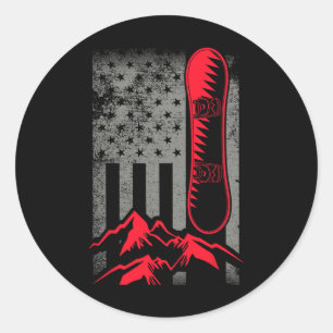 Snowboard Mountains American Flag Winter Sport Top Classic Round Sticker