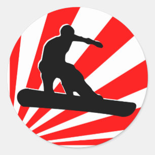 snowboard. red rays. classic round sticker