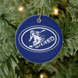 Snowboard "SHRED" Oval Snowboarder Tag Ornament
