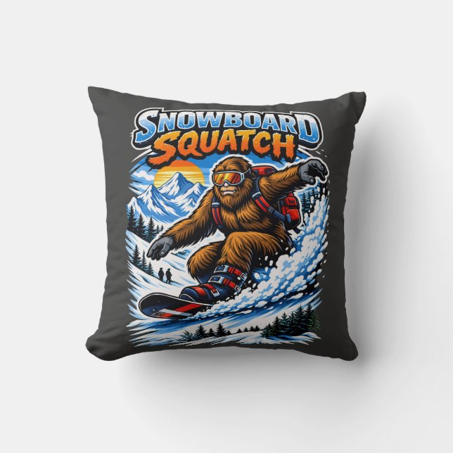 Snowboard Squatch – Funny Bigfoot Snowboarding  Cushion (Front)