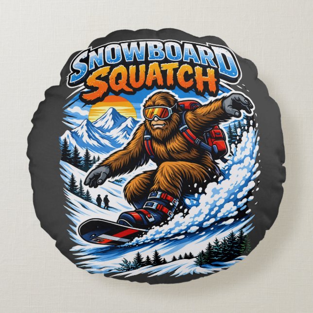Snowboard Squatch – Funny Bigfoot Snowboarding  Round Cushion (Front)
