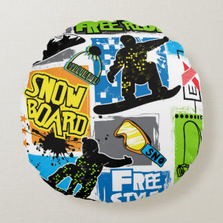 Snowboard Typography: Extreme Kid's Background. Round Cushion