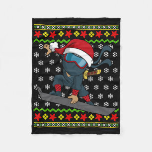 Snowboard Ugly Christmas Sweater Pattern Ninja Sno Fleece Blanket