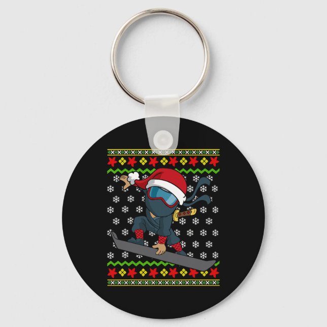 Snowboard Ugly Christmas Sweater Pattern Ninja Sno Key Ring (Front)