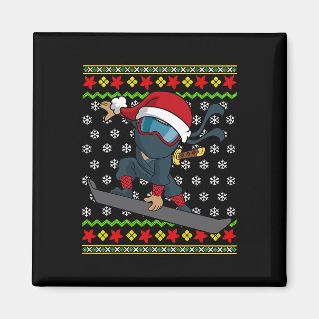 Snowboard Ugly Christmas Sweater Pattern Ninja Sno Magnet (Front)