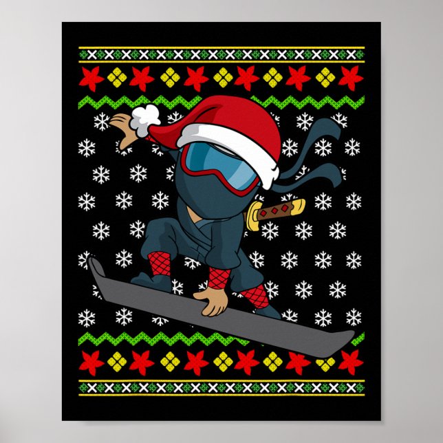 Snowboard Ugly Christmas Sweater Pattern Ninja Sno Poster (Front)