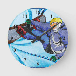 Snowboarder in Edgy Snowstorm Round Clock