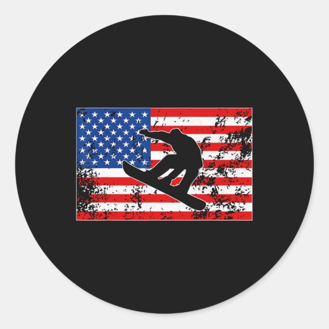 Snowboarder Jumping Usa American Flag Snowboarding Classic Round Sticker (Front)