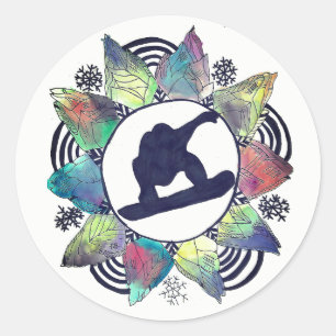 Snowboarder Mountain Flower Classic Round Sticker