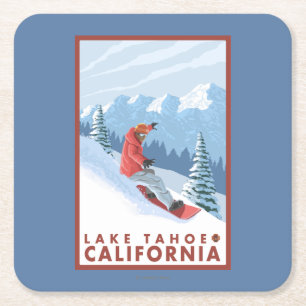 Snowboarder Scene - Lake Tahoe, California Square Paper Coaster