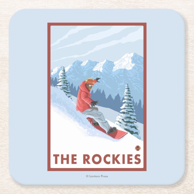 Snowboarder Scene - The Rockies Square Paper Coaster (Front)