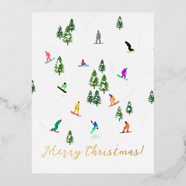  Snowboarder Snowboarding Illustration Christmas Foil Holiday Postcard (Front)