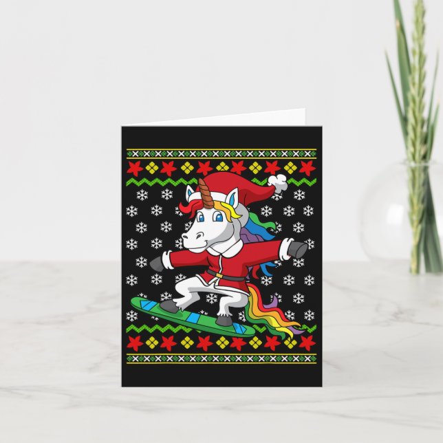 Snowboarder Unicorn Santa Snowboarding Christmas S Card (Front)