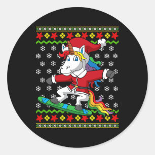 Snowboarder Unicorn Santa Snowboarding Christmas S Classic Round Sticker