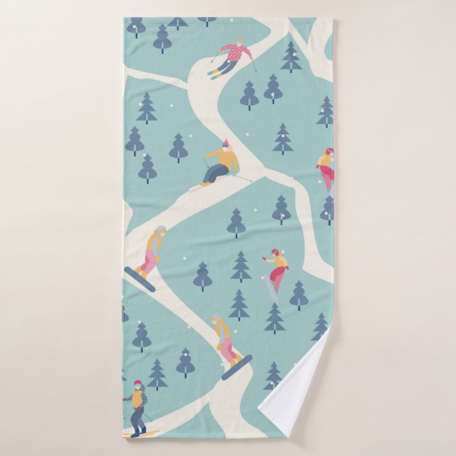 Snowboarders and skiers ride in the ski resort. Pe Bath Towel (Bath Towel)