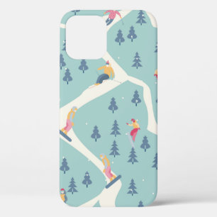 Snowboarders and skiers ride in the ski resort. Pe iPhone 12 Case