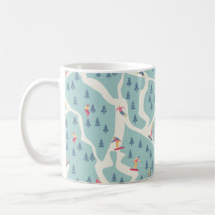 Snowboarders and skiers ride in the ski resort. Pe Coffee Mug