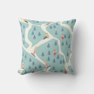 Snowboarders and skiers ride in the ski resort. Pe Cushion