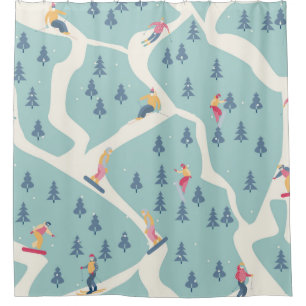 Snowboarders and skiers ride in the ski resort. Pe Shower Curtain