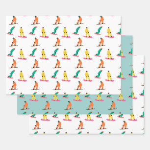 Snowboarders Pattern Holiday Xmas  Wrapping Paper Sheet