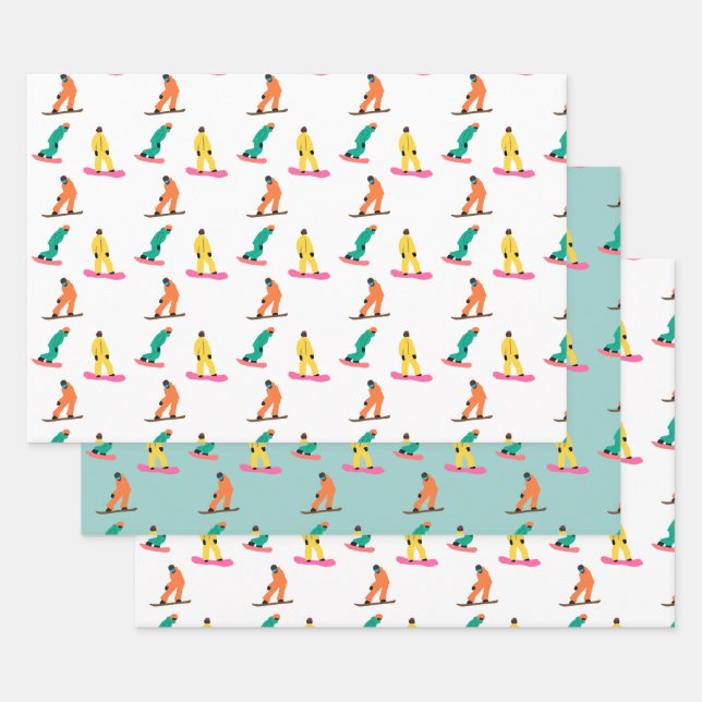 Snowboarders Pattern Holiday Xmas  Wrapping Paper Sheet (Set)