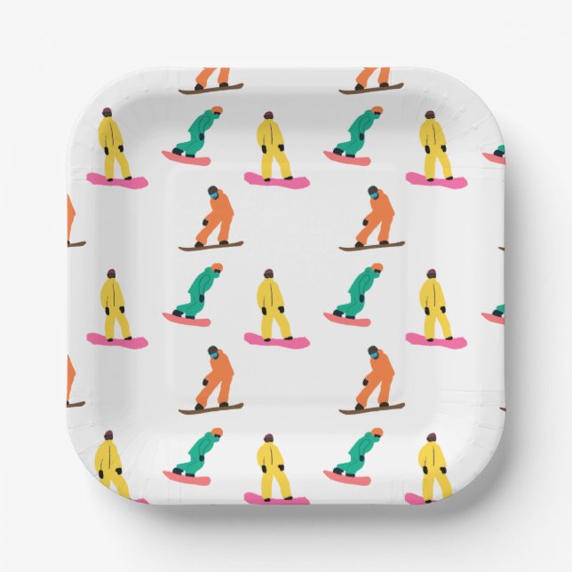 Snowboarders Winter Illustration Holiday White Paper Plate (Front)